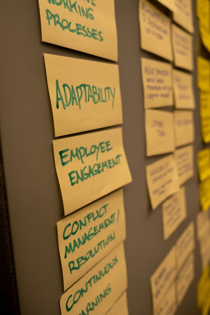 Mastering the First Impression: Your intriguing post title goes here Yellow sticky notes with workplace concepts on a wall. Office brainstorming session.